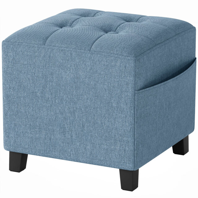 HOMCOM Small Ottoman, Square Footstool with Side Pocket, Rubber Wood Legs and Padded Seat for Living Room, Dark Blue - image 1
