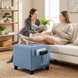 HOMCOM Small Ottoman, Square Footstool with Side Pocket, Rubber Wood Legs and Padded Seat for Living Room, Dark Blue - thumbnail 9