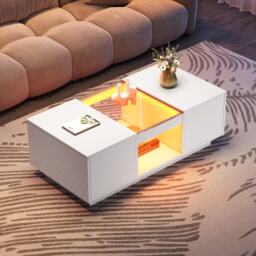 Modern Coffee Table with Storage and LED Lighting, Oblong Coffee Table with 2 Tiers, Drawers, and App Control, 100L x 50W x 35.5H cm, White - Aosom.UK - thumbnail 8
