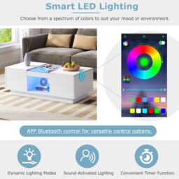 Modern Coffee Table with Storage and LED Lighting, Oblong Coffee Table with 2 Tiers, Drawers, and App Control, 100L x 50W x 35.5H cm, White - Aosom.UK - thumbnail 6