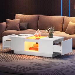 Modern Coffee Table with Storage and LED Lighting, Oblong Coffee Table with 2 Tiers, Drawers, and App Control, 100L x 50W x 35.5H cm, White - Aosom.UK - thumbnail 9