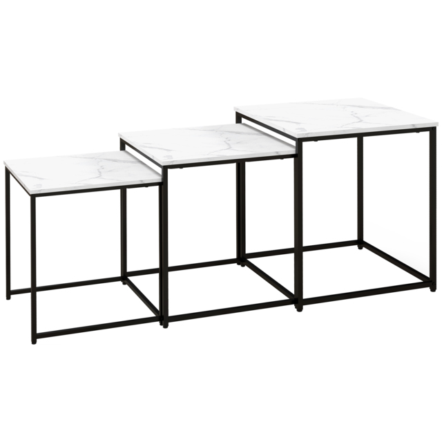HOMCOM Nesting Tables Set of 3, Side End Table with Faux Marble Effect Top and Steel Legs for Living Room, Bedroom, White - Aosom UK - image 1
