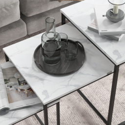 HOMCOM Nesting Tables Set of 3, Side End Table with Faux Marble Effect Top and Steel Legs for Living Room, Bedroom, White - Aosom UK - thumbnail 8