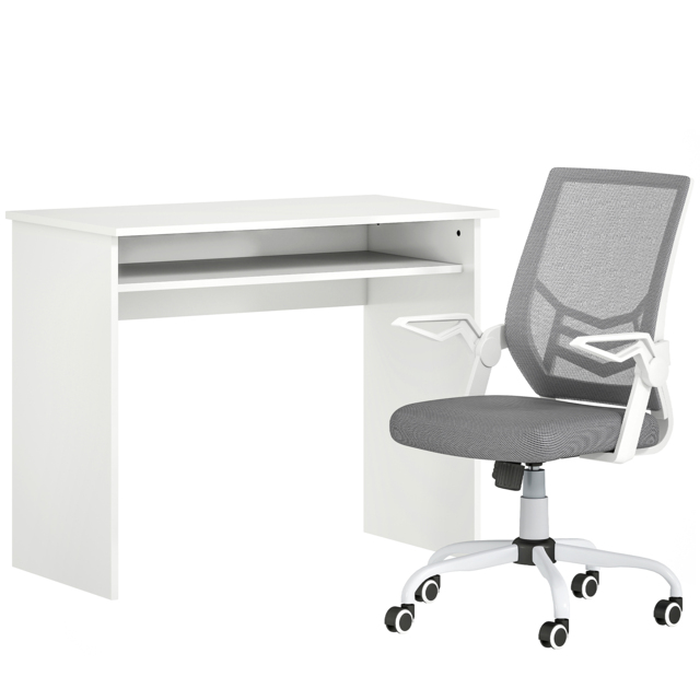 HOMCOM Home Office Furniture Set, Modern Computer Desk with Storage Shelf and Ergonomic Mesh Chair with Flip-Up Arms, Lumbar Support, Adjustable Height, Swivel Wheels, White and Grey