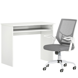 HOMCOM Home Office Furniture Set, Modern Computer Desk with Storage Shelf and Ergonomic Mesh Chair with Flip-Up Arms, Lumbar Support, Adjustable Height, Swivel Wheels, White and Grey - thumbnail 1
