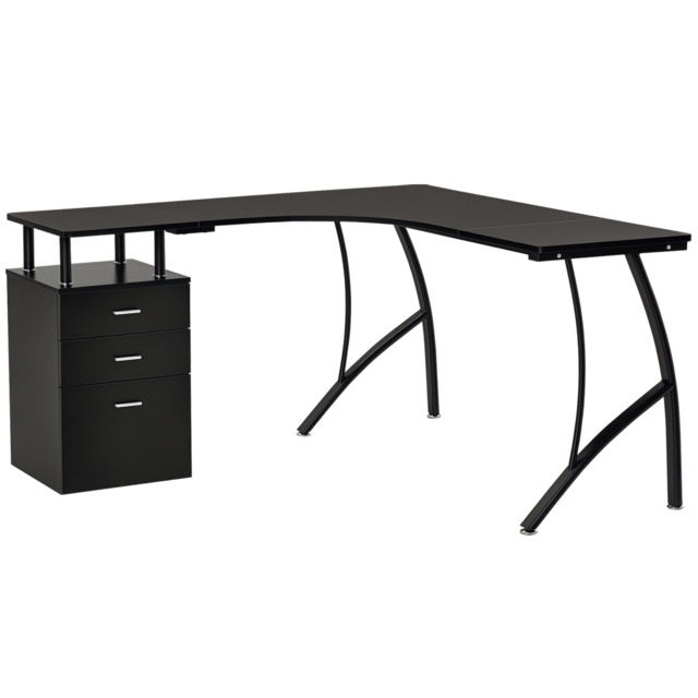 HOMCOM L-Shaped Computer Desk Table with Storage Drawer Home Office Corner Industrial Style Workstation, Black - image 1