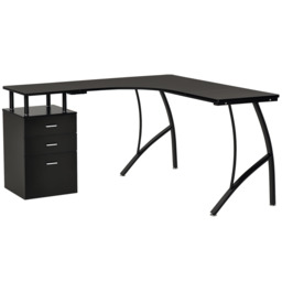 HOMCOM L-Shaped Computer Desk Table with Storage Drawer Home Office Corner Industrial Style Workstation, Black - thumbnail 1
