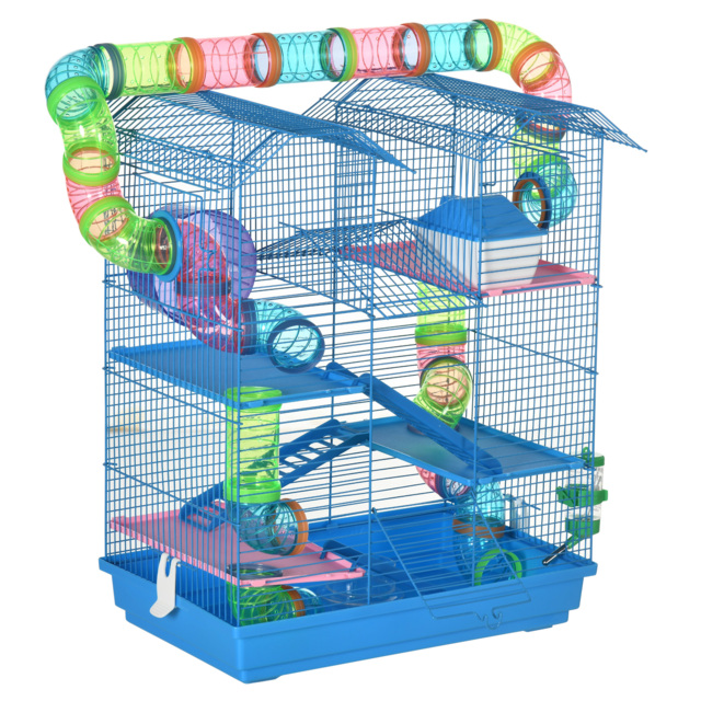 PawHut Hamster Habitat, 5 Tier Cage with Exercise Wheels, Tunnel, Water Bottle, Dishes, Ladder, Blue - Aosom UK - image 1