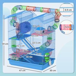 PawHut Hamster Habitat, 5 Tier Cage with Exercise Wheels, Tunnel, Water Bottle, Dishes, Ladder, Blue - Aosom UK - thumbnail 3