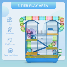 PawHut Hamster Habitat, 5 Tier Cage with Exercise Wheels, Tunnel, Water Bottle, Dishes, Ladder, Blue - Aosom UK - thumbnail 4