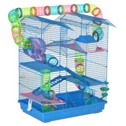 PawHut Hamster Habitat, 5 Tier Cage with Exercise Wheels, Tunnel, Water Bottle, Dishes, Ladder, Blue - Aosom UK - thumbnail 1