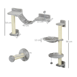 PawHut Cat Shelves Fit Cat Up to 5kg, 4-Piece Set with Hammock, Perches, Ladder, Scratching Post, Safe for Cats to Play, Grey - Aosom UK - thumbnail 3
