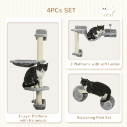 PawHut Cat Shelves Fit Cat Up to 5kg, 4-Piece Set with Hammock, Perches, Ladder, Scratching Post, Safe for Cats to Play, Grey - Aosom UK - thumbnail 5