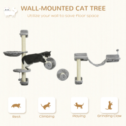 PawHut Cat Shelves Fit Cat Up to 5kg, 4-Piece Set with Hammock, Perches, Ladder, Scratching Post, Safe for Cats to Play, Grey - Aosom UK - thumbnail 4