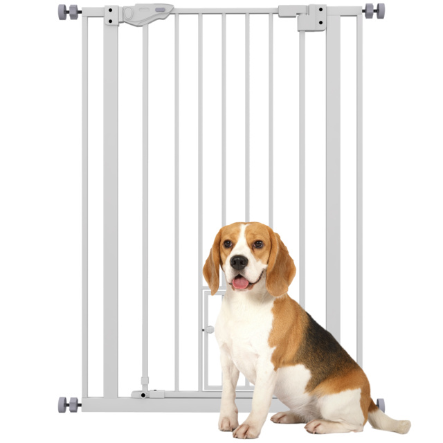 PawHut Extra Tall Pet Gate, Indoor Dog Safety Gate, with Cat Flap, Auto Close, 74-80cm Wide - White - Aosom UK - image 1