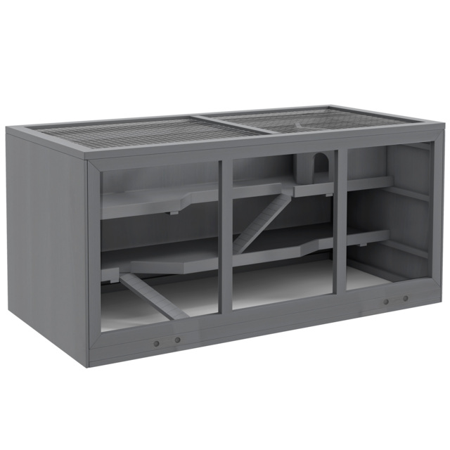 PawHut Wooden Hamster Cage, Small Animals Hutch with Tray, Openable Top, Exercise Play House Pen, 115L x 57W x 55Hcm, Grey - image 1