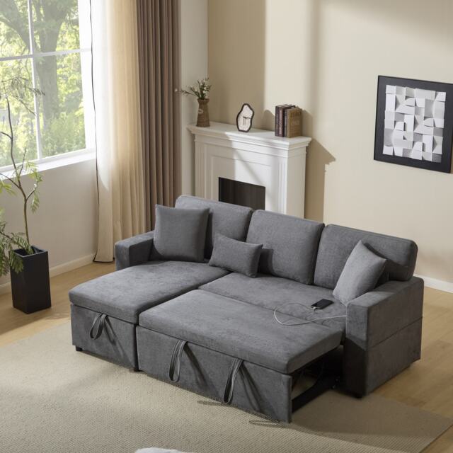 L-Shaped Corner Sofa Bed with Extendable Bed Box, Oxford Fabric Daybed with Integrated Shelf and USB Port, 214L x 131W x 87H cm, Dark Gray - Aosom UK - image 1