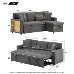 L-Shaped Corner Sofa Bed with Extendable Bed Box, Oxford Fabric Daybed with Integrated Shelf and USB Port, 214L x 131W x 87H cm, Dark Gray - Aosom UK - thumbnail 3