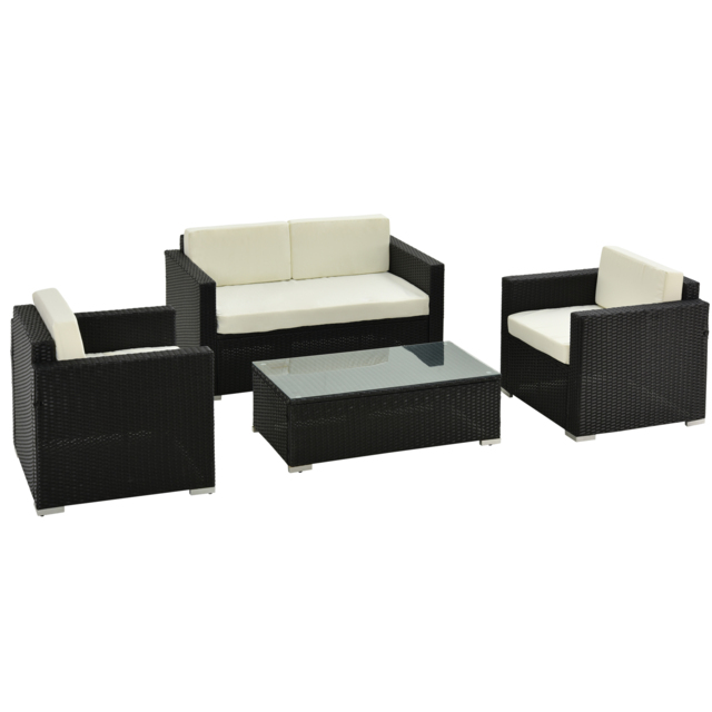 Outsunny 4-Seater Rattan Sofa Set Garden Rattan Furniture Wicker Steel Chair Seat Furniture Patio Rattan Garden Sofa Black - Aosom UK - image 1