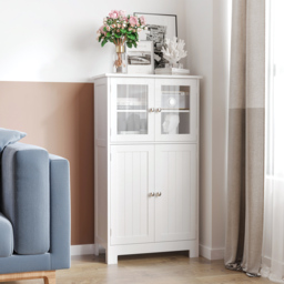 Kleankin Bathroom Floor Storage Cabinet w/ Tempered Glass Doors & Adjustable Shelf, Free Standing Organizer for Living Room Entryway, White - Aosom UK - thumbnail 7