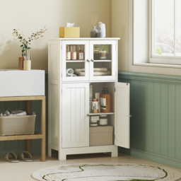 Kleankin Bathroom Floor Storage Cabinet w/ Tempered Glass Doors & Adjustable Shelf, Free Standing Organizer for Living Room Entryway, White - Aosom UK - thumbnail 2