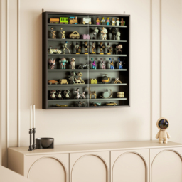 HOMCOM 7-Tier Wall Display Shelf Unit Cabinet w/ 6 Adjustable Shelves Glass Doors Home Office Ornaments 83x80cm, Black - thumbnail 2