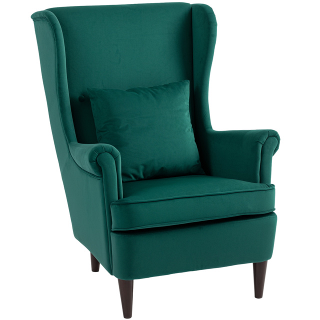 HOMCOM Modern Accent Chair, Upholstered Wingback Armchair with High Backrest and Pillow, Velvet-Feel Fabric Reading Chair with Solid Wood Legs for Living Room, Bedroom, Home Office, Dark Green - image 1