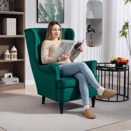 HOMCOM Modern Accent Chair, Upholstered Wingback Armchair with High Backrest and Pillow, Velvet-Feel Fabric Reading Chair with Solid Wood Legs for Living Room, Bedroom, Home Office, Dark Green - thumbnail 8