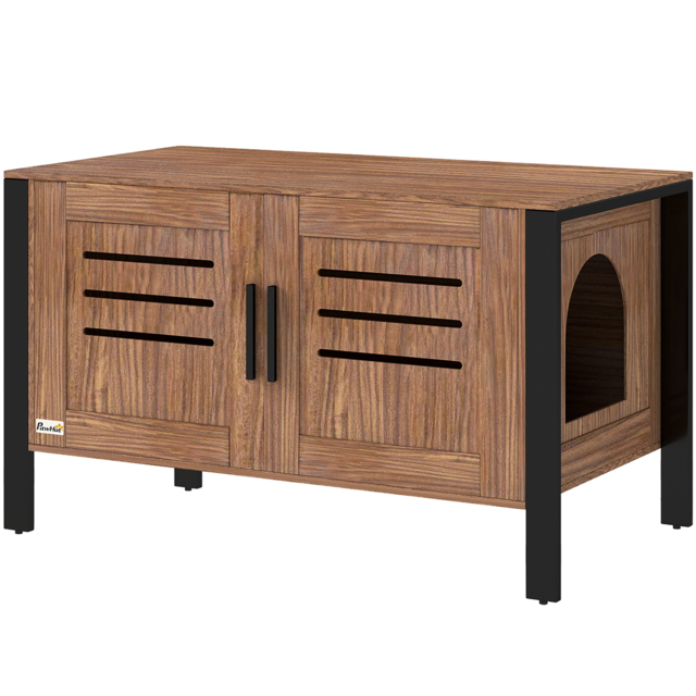 PawHut Cat Litter Box Enclosure with Tall Legs, Scratching Board, Double Doors, Ventilation Holes, 80 x 45 x 50 cm, Dark Brown - image 1