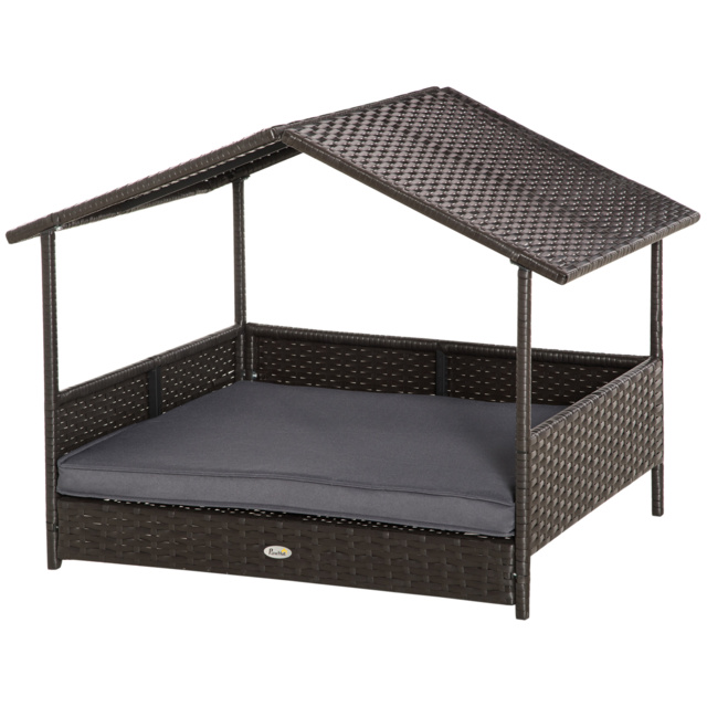 PawHut Rattan Dog House, Elevated Wicker Pet Bed Lounge with Removable Cushion and Canopy, for Small and Medium Dogs, 98 x 69 x 73cm - Grey - Aosom UK - image 1