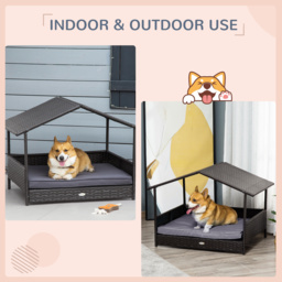 PawHut Rattan Dog House, Elevated Wicker Pet Bed Lounge with Removable Cushion and Canopy, for Small and Medium Dogs, 98 x 69 x 73cm - Grey - Aosom UK - thumbnail 4