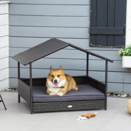 PawHut Rattan Dog House, Elevated Wicker Pet Bed Lounge with Removable Cushion and Canopy, for Small and Medium Dogs, 98 x 69 x 73cm - Grey - Aosom UK - thumbnail 2