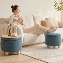HOMCOM Storage Sitting Bench with Lid, Round Storage Ottoman with Rubberwood Legs, Dark Blue - thumbnail 9