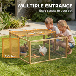 PawHut Wooden Folding Rabbit Hutch, for 2-3 Rabbits - Natural Wood - thumbnail 5