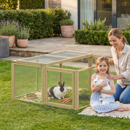 PawHut Wooden Folding Rabbit Hutch, for 2-3 Rabbits - Natural Wood - thumbnail 2
