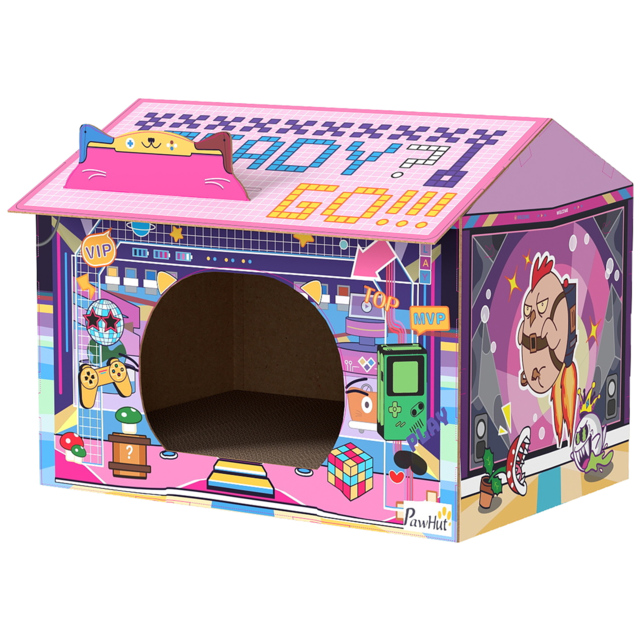 PawHut 2 in 1 Gaming Style Cardboard Cat House with Scratching Board & Catnip for Indoor Cats, Pink - image 1