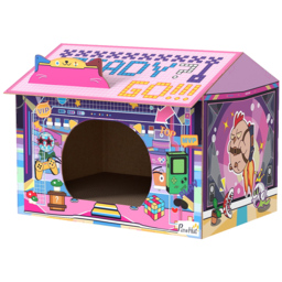 PawHut 2 in 1 Gaming Style Cardboard Cat House with Scratching Board & Catnip for Indoor Cats, Pink - thumbnail 1