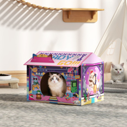 PawHut 2 in 1 Gaming Style Cardboard Cat House with Scratching Board & Catnip for Indoor Cats, Pink - thumbnail 2