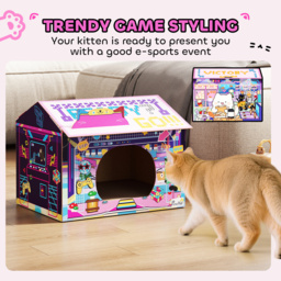 PawHut 2 in 1 Gaming Style Cardboard Cat House with Scratching Board & Catnip for Indoor Cats, Pink - thumbnail 4