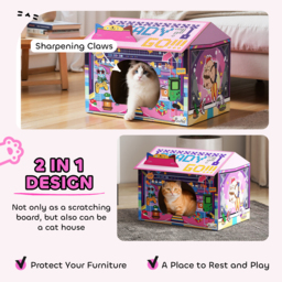 PawHut 2 in 1 Gaming Style Cardboard Cat House with Scratching Board & Catnip for Indoor Cats, Pink - thumbnail 5