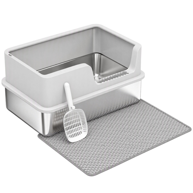 PawHut XL Stainless Steel Cat Litter Tray with Lid, High Sided Cat Litter Box with Scoop and Mat, Light Grey - image 1