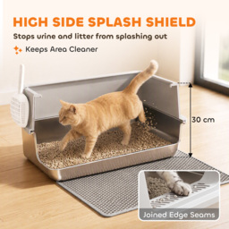 PawHut XL Stainless Steel Cat Litter Tray with Lid, High Sided Cat Litter Box with Scoop and Mat, Light Grey - thumbnail 6