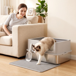 PawHut XL Stainless Steel Cat Litter Tray with Lid, High Sided Cat Litter Box with Scoop and Mat, Light Grey - thumbnail 2