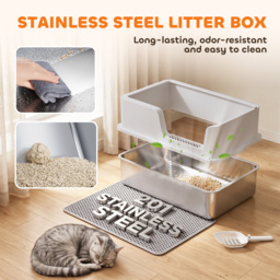 PawHut XL Stainless Steel Cat Litter Tray with Lid, High Sided Cat Litter Box with Scoop and Mat, Light Grey - thumbnail 4