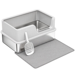 PawHut XL Stainless Steel Cat Litter Tray with Lid, High Sided Cat Litter Box with Scoop and Mat, Light Grey - thumbnail 1