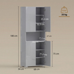 HOMCOM 180 cm Tall Kitchen Cupboard, Pantry Storage Cabinet with Soft Close Doors and Adjustable Shelves, High Gloss Grey - thumbnail 3