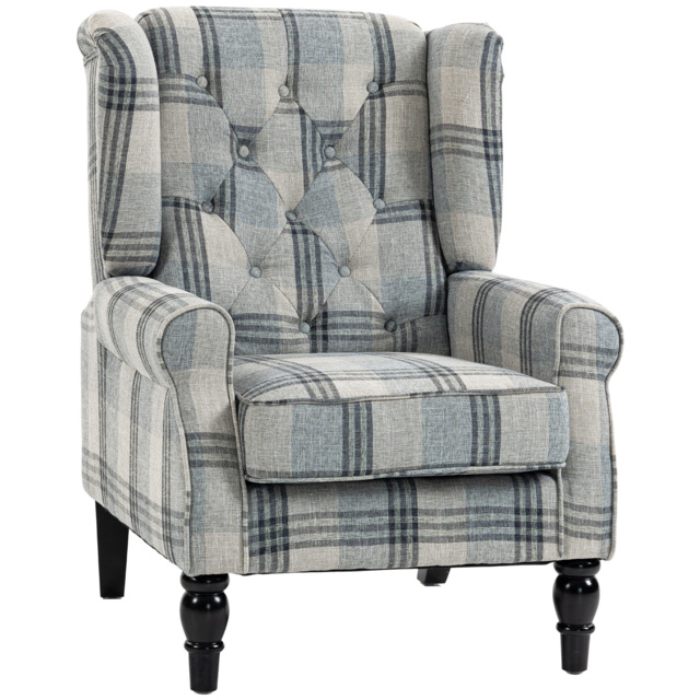 HOMCOM Faux Linen Armchair with Thick Spring Cushion, Wingback Accent Chair with High Back, Solid Wood Legs, Mixed Plaid - image 1