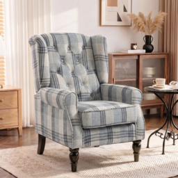 HOMCOM Faux Linen Armchair with Thick Spring Cushion, Wingback Accent Chair with High Back, Solid Wood Legs, Mixed Plaid - thumbnail 2