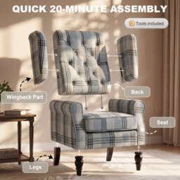 HOMCOM Faux Linen Armchair with Thick Spring Cushion, Wingback Accent Chair with High Back, Solid Wood Legs, Mixed Plaid - thumbnail 7