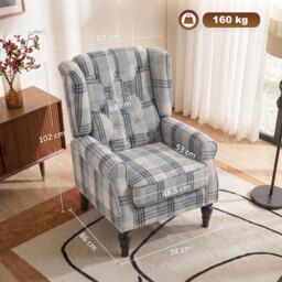 HOMCOM Faux Linen Armchair with Thick Spring Cushion, Wingback Accent Chair with High Back, Solid Wood Legs, Mixed Plaid - thumbnail 3